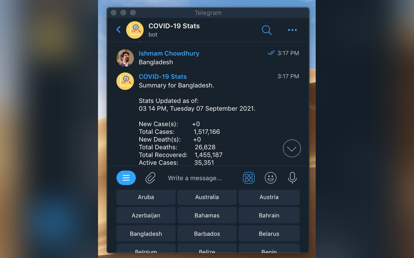 COVID Stats Bot - the real Telegram chat, 2021
