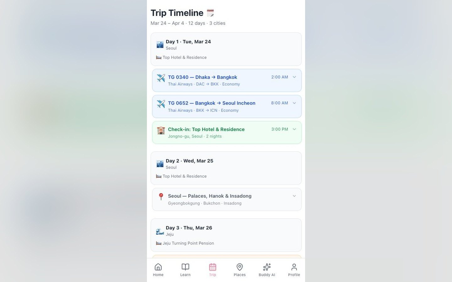 Korea Buddy - the 12-day trip timeline