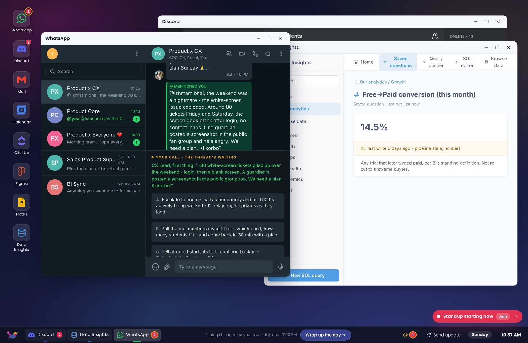 The Liveweek desktop mid-fire: WhatsApp decision card, Metabase clone, Discord, dock