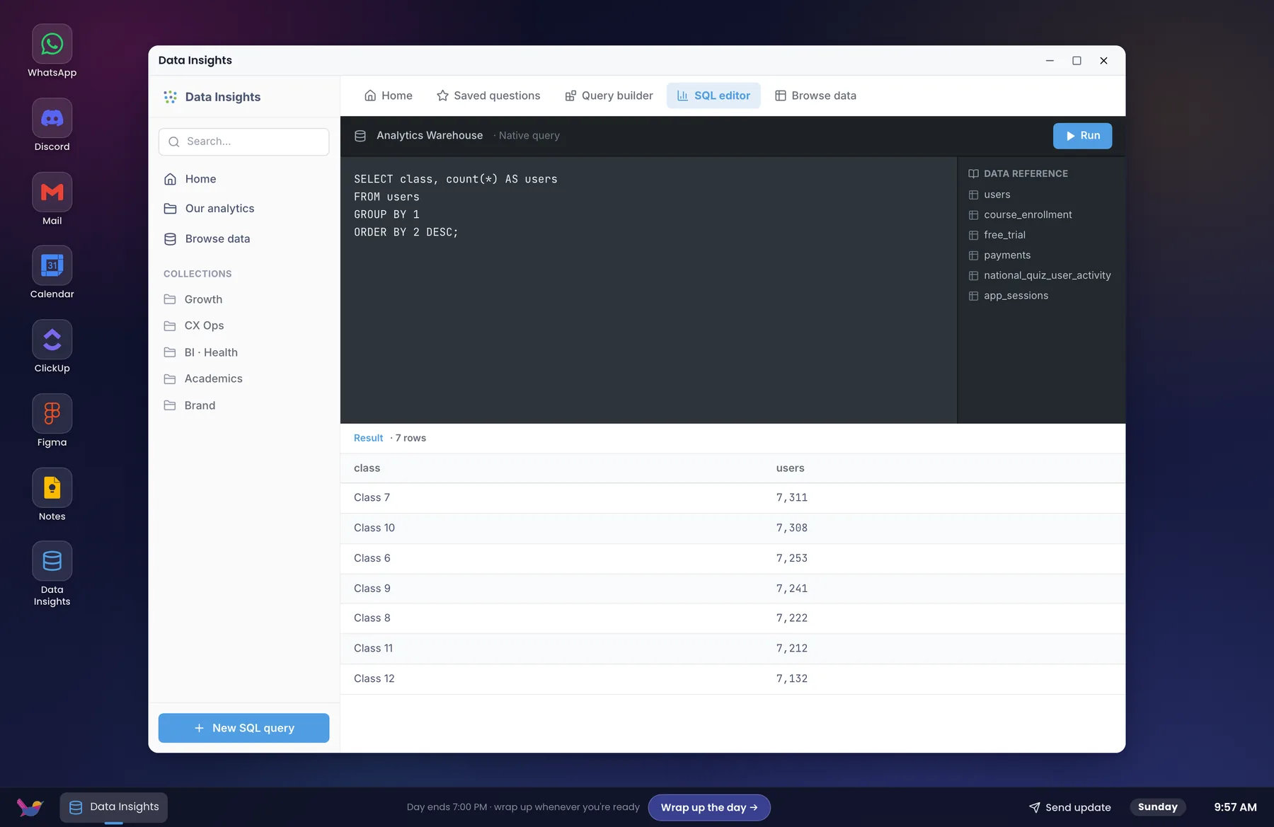 The in-sim Metabase clone running a real SQL query over the seeded warehouse
