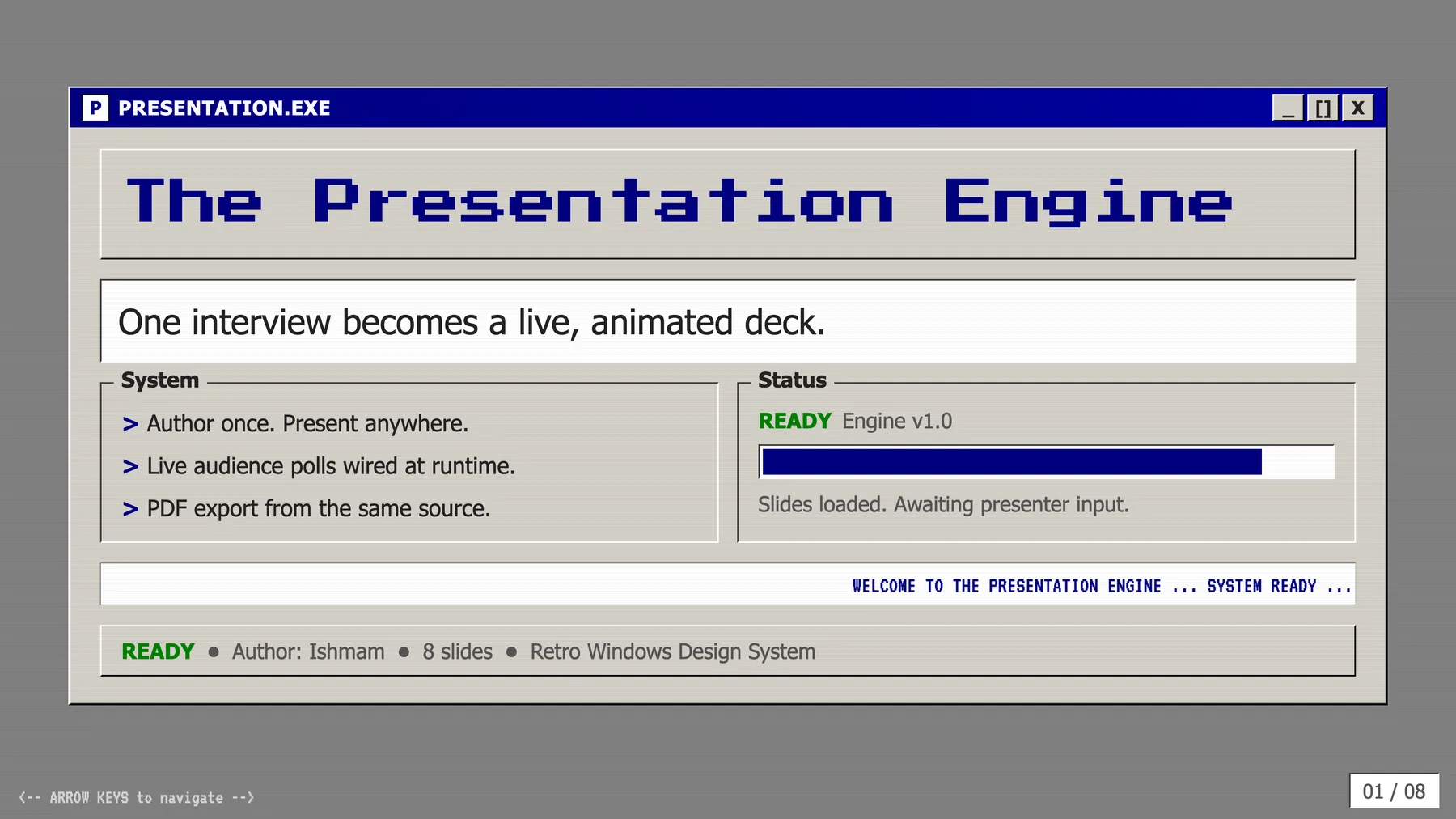 The Retro-Windows design system - a Win-95 PRESENTATION.EXE window